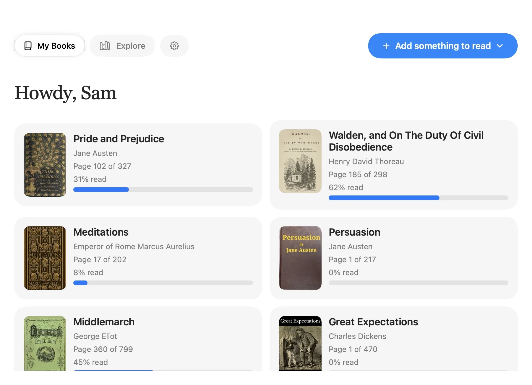 My Books: a grid of books with covers, page counts and progress bars.